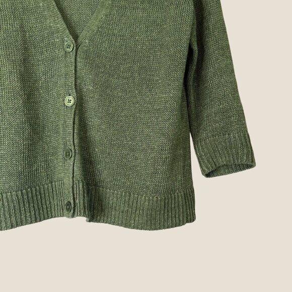 Talbots 100% Linen Green Loose Knit Button V Neck Cardigan 3/4 Sleeve Size M - Picture 5 of 8
